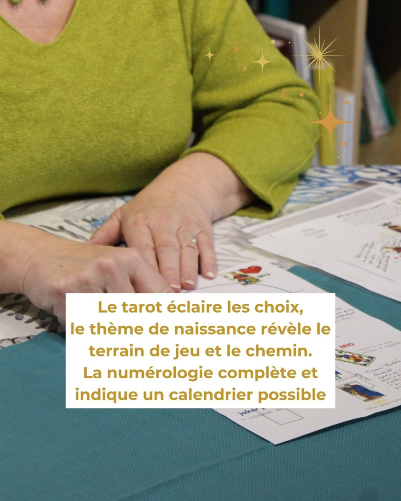 Thème de naissance en tarot de Marseille et numérologie humaniste utilisé comme support de coaching pour mieux se connaître et dépasser ses blocages.