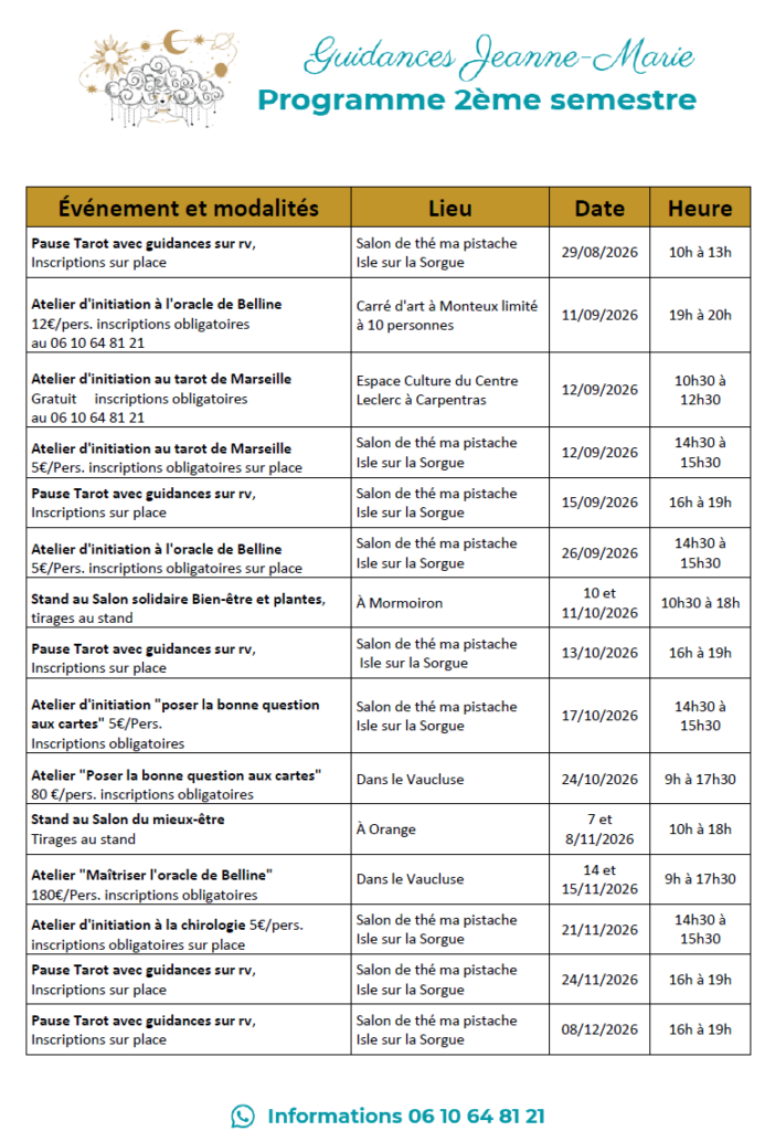 programme Jeanne-Marie PASCAL salons ateliers d'initiation formations guidances